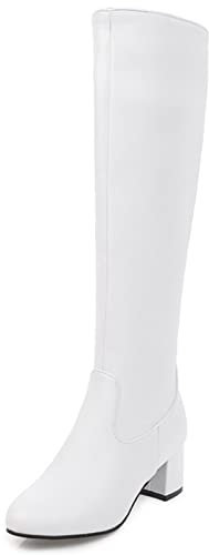 Diuniarza Stivali Alti Al Ginocchio da Donna con Tacco Medio, Stivali da Vestito Tacco a Blocco Zip Punta Rotonda Boots Semplici, 19995Vqo Bianco Numero 31 EU