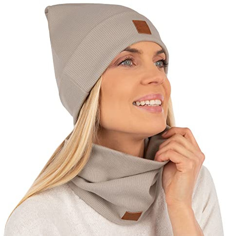 Mikos* Damen Set Mütze & Loop Baumwolle Long Beanie Hut mit Schal-Loop Herbst Winter Tolles Warm, Stretchy Elastischer, Wintermütze Junge-n Mädchen Streetwear 703 (Beige)