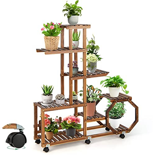 RELAX4LIFE Étagère à Fleurs en Bois à 8 Niveaux, Support de Pots avec 6 Roues Verrouillables Détachables, Porte-Plantes Extérieur et Intérieur pour Maison, Jardin, Balcon,Terrasse 107x29x126 cm