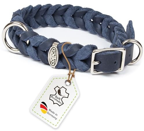 CopcoPet Hundehalsband aus Fettleder 50–55 cm x 20mm Marineblau – Geflochtenes Lederhalsband – verchromt mit Dornschließe – Robust & verstellbar – Für große Hunde, ideal für Alltag & Training