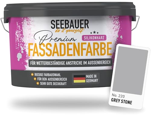 SEEBAUER diy Silikonharz-Fassadenfarbe Grau 5L für Außen (No. 220 Grey Stone) Selbstreinigende Fassadenfarbe mit Lotuseffekt - Geeignet für Putz, Mauerwerk und Beton