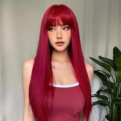 PORSMEER Lange Gerade Glatt Cosplay Perücken rot mit Pony für Frauen Mädchen Natürliche Synthetische Kunsthaar für Karneval/Fasching & Halloween Kostüm Party,70 cm