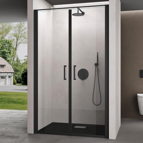doporro Porta Doccia per Nicchia 100x195cm in Vetro Temperato Trasparente Anticalcare con Telaio Nero Opaco-Rivestimento NANO con Meccanismo di Sollevamento e Abbassamento-Teramo66K