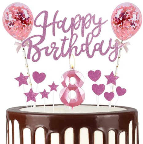 mciskin Pink 8th Birthday Decorations for Girl,3D Number 8 Candle for Cake,Pink Cake Toppers for Girl,Glitter Happy 8th Birthday Cake Toppers for Party Decorations Supplies