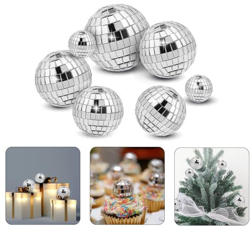 Abeillo 7PCS Disco Ball Cake Topper, Disco Ball Cake Decorations Different Sizes, 70s Disco Themed Dance Party Supplies, Small Disco Balls for Cake Dessert Accessories Disco Party Ornament (Silver)