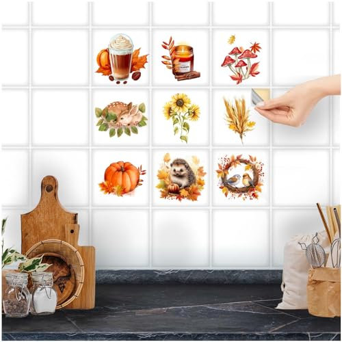 FoLIESEN Fliesenaufkleber für Bad, Küche, Badezimmer - Fliesen-Folie selbstklebend - Deko-Aufkleber- Herbst-Collage, .:10x10 cm - 9-tlg.