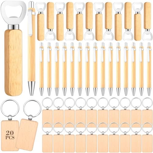 SiliFine 60 Pcs Laser Blanks Product Laser Engraving Material Kit Including DIY Wooden Blank Bottle Opener, Wooden Keychain, and Bamboo Pen for Kitchen Wedding Party Bar Home Craft