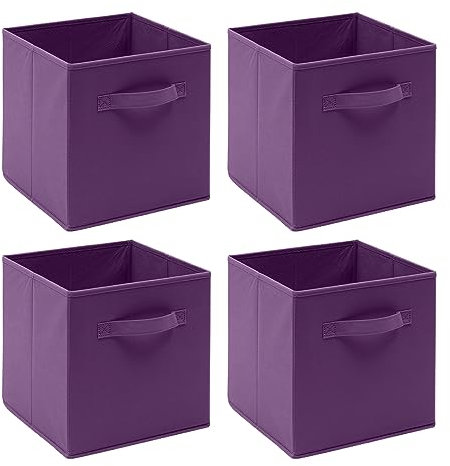 Homullel Foldable Storage Cube Boxes Set of 4, Storage Unit Box with Handle/Eyelet, Collapsible Storage Bins Organiser for Shelf Closet Organization (With Handle, Purple)