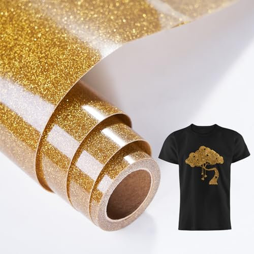 LUCKIGUCK Glitzer Plotterfolie Textil - Heat Transfer Vinyl 25cm x 150cm Transferfolie Plotter Flexfolie für Textilien Transferfolie zum Aufbügeln für DIY T-Shirt,Stoffe Textilhandwerk(Gold)