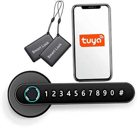 Türschloss Fingerabdruck, Smart Lock, Elektronisches Türschloss - Öffnung mit Schlüssel, Fingerabdruck Schloss, Magnetkarte und App, Zweiseitige Montage, Notstrom per USB - Türen zwischen 35-55mm