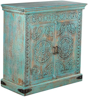 DRW Orientalischer Eingangsschrank mit 2 Türen, dekoriert mit Mandalas, Holz, blau, 90 x 40 x 90 cm