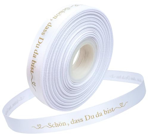 TOPWAYS Satinband Geschenkband, 36Meter 'Schön, dass Du da bist' Geschenkband Breit Schleifenband Hochzeit Satinband Bänder für Taufe Geburtstag Hochzeit Deko Geschenkverpackung (Weiß, 20mm)