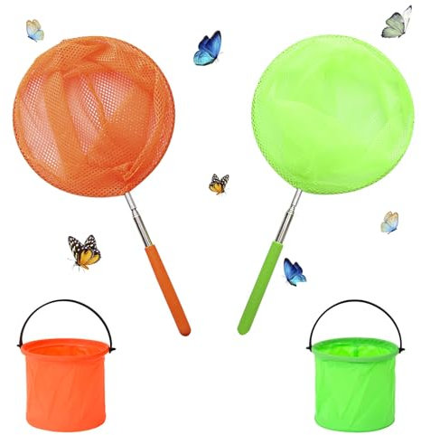 SJUNJIE 2 Piezas Butterfly Net Exterior Red de Pesca Extensible Viene con 2 Cubos Plegables Red de Captura de Insectos Adecuado para Atrapar Mariposas Peces Pequeños Camarones e Insectos