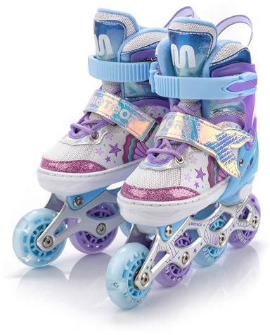 meteor LED Inliner für Kinder Perfekt für erste Fahrversuche - Verstellbare Kinderinliner mit Bequemen Schuhen und Leuchtrollen - Volle Action auf Rollen mit coolen Leuchtdingern! (Purple Mermaid, S)