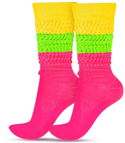 Geyoga Neon Slouch Socks,80s 90s Neon Women's Leg Warmers Extra Long Slouch Socks Soft Scrunch Knee High for Party, Rose, Neon Green, Neon Yellow, M