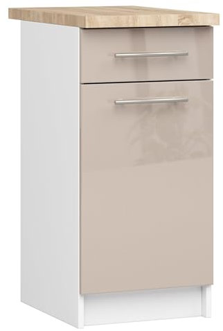 AKORD | Küchenschrank mit Arbeitsplatte - Oliwia S40 | Küchenunterschrank mit Tür, Schublade und 2 Einlegeböden | Unterschrank Küche 40 cm Breit | ABS 18 mm | 46 x 40 x 85 cm | Weiß & Cappuccino Glanz