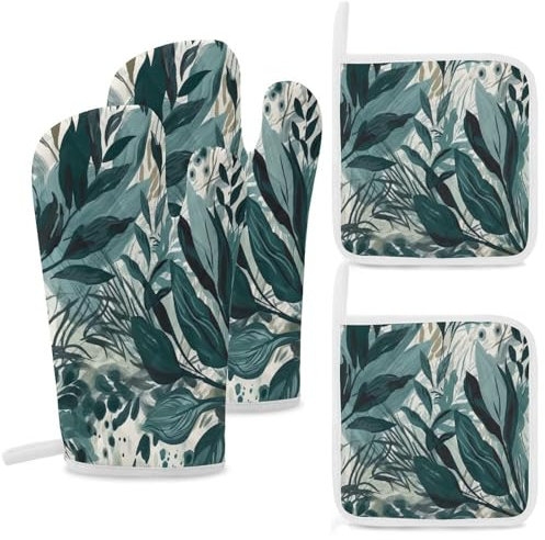 Lot de 4 maniques et maniques pour four, motif feuilles vertes dessinées à la main, résistantes à la chaleur, doublure en coton doux matelassé pour la pâtisserie et la cuisine