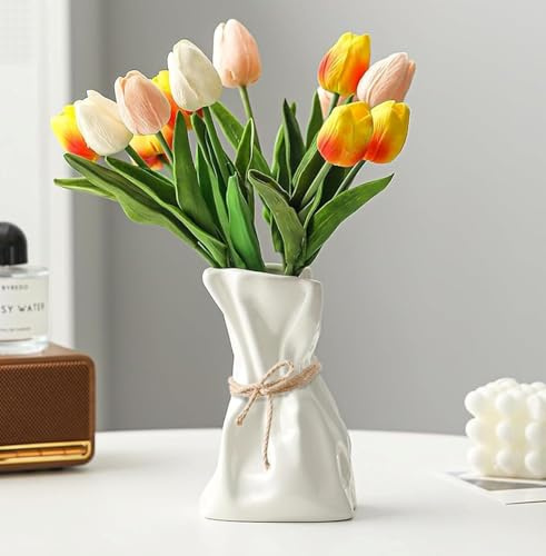 FOWSEEK 15,2 cm weiße Keramikvase, unregelmäßige Blumenvase, moderne Kunst, dekorative Vasen für Blumen, einzigartige Papiertütenvasen für Zuhause, Büro, Tafelaufsätze, Eingangsbereich, Bücherregal
