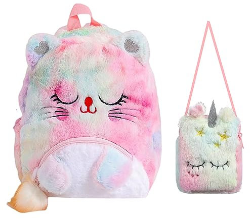 Balakaka Plüsch Rucksack 2Pcs Unicorn Cat, Kawaii Kindergartentasche Mini Umhängetasche Niedlich Geldbörse Schultasche, Geburtstagsgeschenk Kindergartenrucksack für 3-8 Jährige