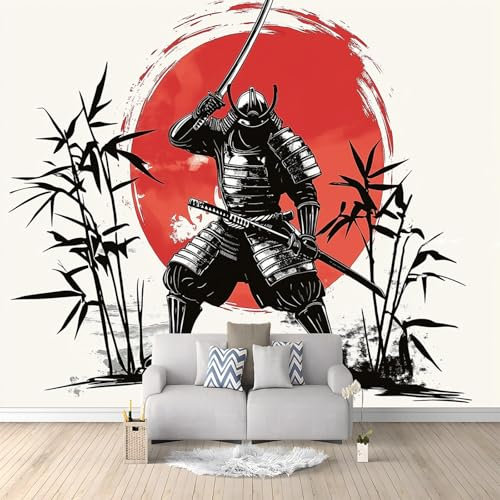 Papiers peints 400 x 280 cmPapier Peint Panoramique Design unique et moderne Guerrier japonais avec bambou Peint intissé Chambre Salon Décoration Murale Beige