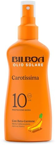 Bilboa Carotissima, Olio Solare Spray SPF 10, Olio Abbronzante Corpo, Formula con Betacarotene, Mette l'Abbronzatura Nero su Bianco, Resistente all'Acqua, Dermatologicamente Testato, 200 ml