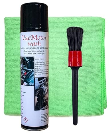 VAE VAEMOTOR WASH Pulitore Schiumogeno per Motori Moto, Auto e Bici, Detergente a Secco Senza Acqua con Pennello e Panno in Microfibra – Kit Completo per la Pulizia Rapida e Sicura del Motore