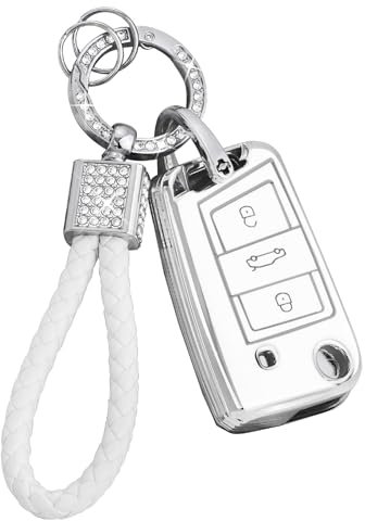 BLINGOOSE Schlüsselhülle Cover für VW Volkswagen Polo Golf 7 MK7 Tiguan Touran T ROC Cross Taigo 3 Tasten Auto Schlüsselcover Schlüsselgehäuse Glitzer Schlüsselanhänger Frauen Girly Weiß Silber TPU