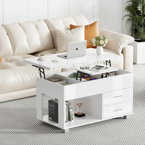 BSTSEL 4 in 1 High Gloss Lift Top Coffee Table with Open and Hidden Storage Compartments 2 Drawers, Extendable Desktop Dinning Table 95 x 100 x 72.5 cm, Height Adjustable Tabletop, Retractable Desk