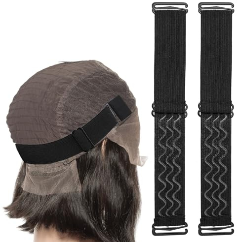 2Pcs Adjustable Elastic Wig Band for Glueless Wig with Non-Slip Silicone Strip Removable Buckles Band for Keeping Wigs in Place Elastic Stretchable Round Top Strap to Secure Cap Accessories(Black)