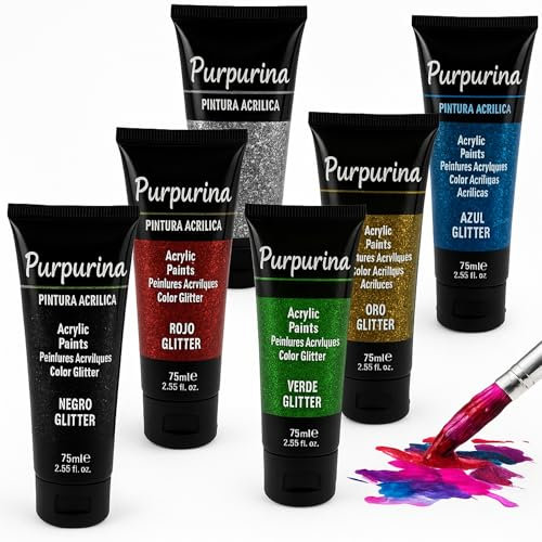 PLAYZOCO Pintura Acrílica Purpurina, Apta para Artistas Principiantes Niños Manualidades, Usar sobre Lienzo, Madera, Cerámica, Porex, Tela, Secado rápido, Color intenso, Pack 6 botes de 75 ml