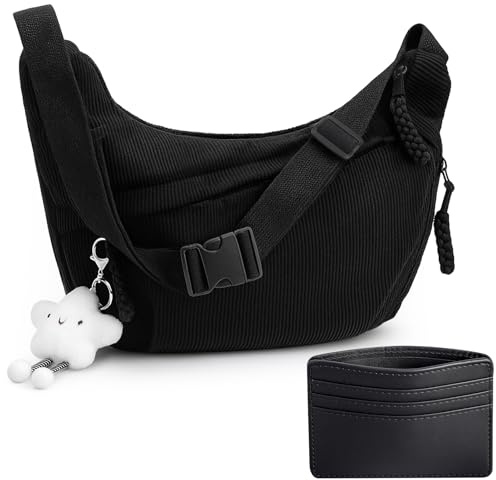 Crossbody Bag Damen Umhängetasche, Halbmond Crossbody Bag mit Verstellbarer Schultergurt, Cord Damen Halbmond Tasche Hobo Casual Handtasche für Arbeit Schule Reisen Einkaufen Alltag (Schwarz)