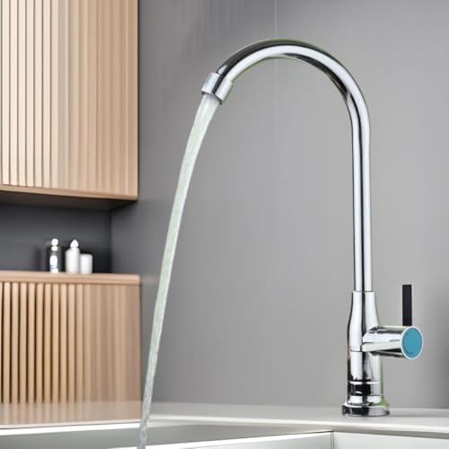 Robinet d'évier de cuisine, rotatif à 360 °, trou unique, robinet de cuisine à eau froide, robinet à col flexible, col de cygne avec tuyau et tuyau fileté plus long