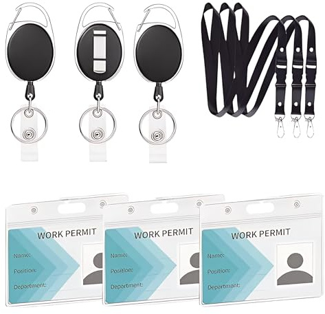 bhb Einziehbarer Ausweishalter mit Lanyard und Kartenhalter – Set 3 5 10 20 Stück – Schlüsselband Ausziehbar mit Karabiner Clip und Wasserdichter Ausweishülle für Schlüssel Ausweis ID Card (3er Set)