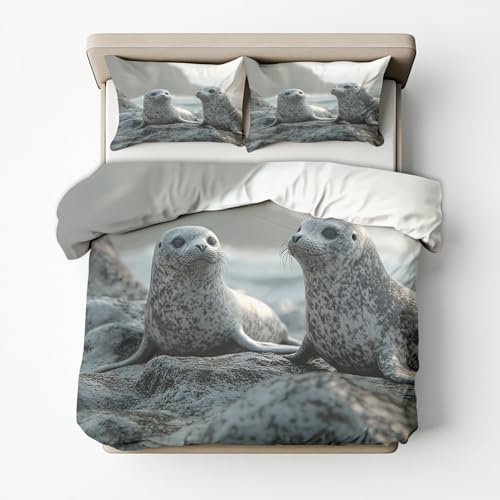 Generisch Bettwäsche 135x200 Seehund Design, 2teilig - Robbe Tierdruck Bettbezug und 1 Kissenbezug 80x80, Wendebettwäsche, Schlafzimmer Deko, mit Reißverschluss SD-1488
