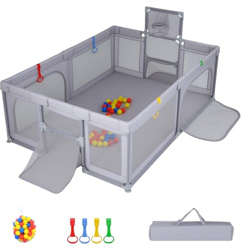 COSTWAY 207 x 145cm Laufstall Baby Faltbar (Hellgrau) | Laufgitter mit Basketballkorb, Fußballnetzen, 50 Spielbällen & Griffen, Krabbelgitter mit Tragetasche für Kleinkinder