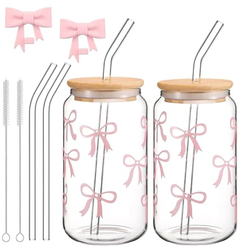 Cnwinu Bow Glass Cups with Lids and Straws Set,2PCS 500ml Iced Coffee Cups with Cleaning Brushes,Clear Cute Reusable Matcha Cup Tumbler Cup for Tea,Coffee,Juice,Cocktail(Pink Bow)