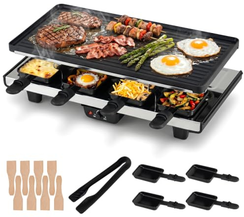 LIFEZEAL 1400W Raclette 8 persone con 8 Padelle, 8 Spatole e 1 Pinza | Raclette Grill da Tavolo con Piastra Antiaderente Reversibile, Temperatura Regolabile, 48 x 24 x 12 cm