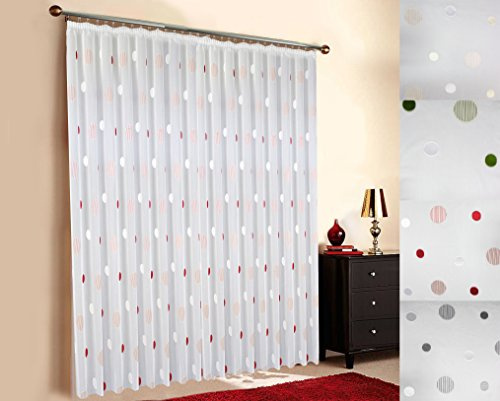Sun World Maßgeschneiderte weiße Scherli Voile Store Gardine “Effekt Kreise“, inklusive Kräuselband (Universalband), Vorhang nach Maß, Höhe 90 – 295 cm, Breite 1 –12 Meter (Rot, 245 x 600 cm/HxB)