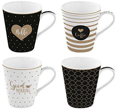Easy Life 128CMGM - Set di 4 tazze, in porcellana fine caffè Mania Good Morning, 0,3 l, multicolore