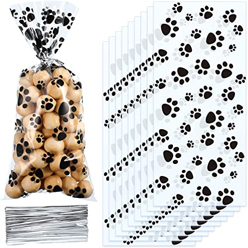 Blulu 200 Pcs Dog Treat Bags Pet Paw Cellophane Bags Dog Party Favor Heat Sealable Treat Paw Gift Cat Candy Bag with 200 Pcs Silver Twist Ties for Pet Party Favors(Black)