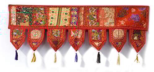 Indian Handmade Traditional Embroidered Toran Cotton Thoranam Door Living Room Decor Bandanwar Home Valance Decorations Window Hanging Bohemian Wall Ethnic Decorative Vintage (Orange, 1 mtr)