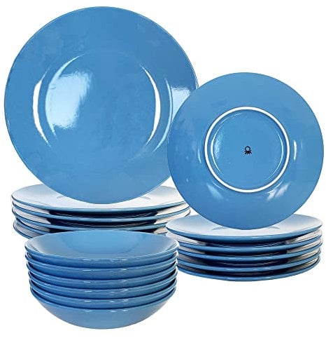 United Colors OF Benetton - BE055 Set 18 pezzi stoviglie Casa Benetton Llanos 26 cm fondo 22 cm 6 piatti dessert 20 cm, in porcellana, Stoneware, azzurro