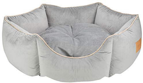 MOOI Crown Hundebett aus kuscheligem Velvetstoff, Füllung aus hautsympathischen 100% Polyester-Watte und Kügelchen, waschmaschinengeeignet bei 30 Degree C, in 3 Größen verfügbar Grau 65 x 78 x 25 cm
