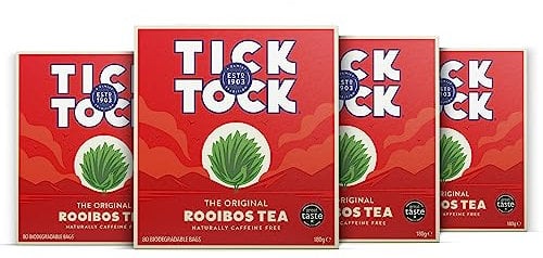 Tick Tock Rooibos Tea - Pack of 4 x 80 Caffeine-Free Tea Bags (320), Naturally Sweet Redbush Tea for Wellbeing & Relaxation - Biodegradable Tea Bags
