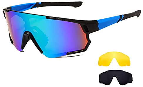 Long Keeper Cycling Glasses with 3 Interchangeable Lenses Polarised Sport Sunglasses Anti-UV400 Windproof Cycling MTB Goggles for Men Women (Black Blue Arm-Green+Grey+Yellow)
