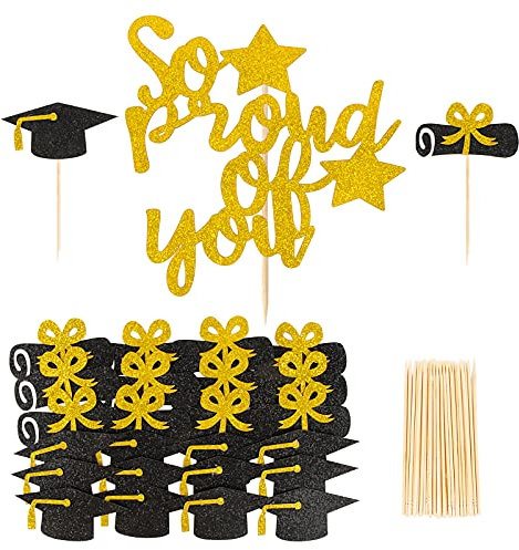 Abschluss Tortendeko Schwarz Gold - So proud of you Tortenstecker mit 24 Stk Absolventenhut Cupcake Toppers Kuchendekoration für Graduation 2025 Abitur Bestandene Prüfung Deko Abschlussfeiern usw.