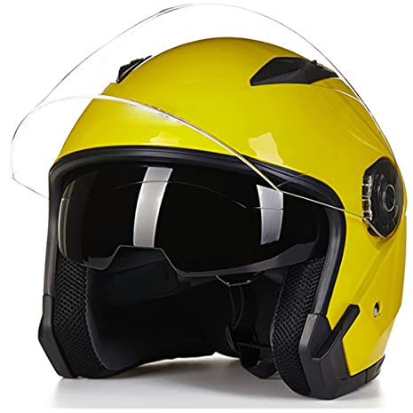 Jet Motorrad-Helm Erwachsener Motorradhelm Rollerhelm Mit Doppelvisier Jethelm Herren & Damen Atmungsaktiver Mopedhelm Scooter Moped Mofa Helm Offenes Helm ECE/DOT Zertifiziert,Gelb,M