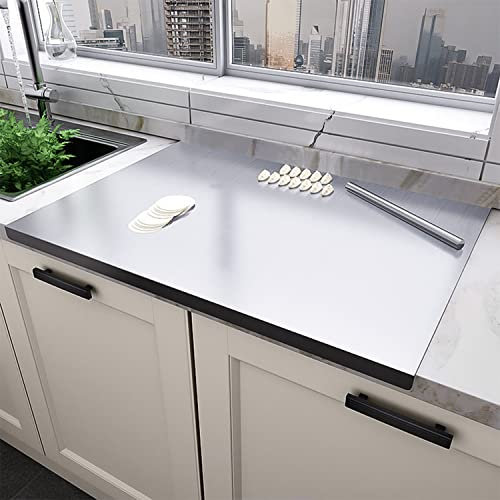 Planche à découper en acier inoxydable avec rebord - 80 x 50 cm - Protection de plan de travail XL - avec rouleau à pâtisserie