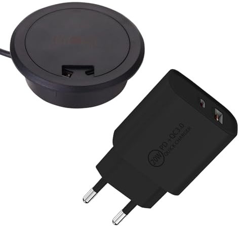 SOTECH Wireless Charger WLC-03 (schwarz, Ø 75 x 19 mm) USB Tischladegerät zum Einbauen in Möbel inkl. USB A + C Netzteil 20 W mit Quick Charge 3.0 - induktive Ladestation für Qi fähige Smartphones