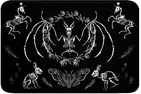 Totenkopf Badematte 50x80cm Fledermaus Skelett rutschfest Badezimmerteppich Boho Motte gotisch Totenkopf Zottelig Absorbierende Badteppiche Halloween Kuschel Badvorleger Schwarz Weiß Horror Deko